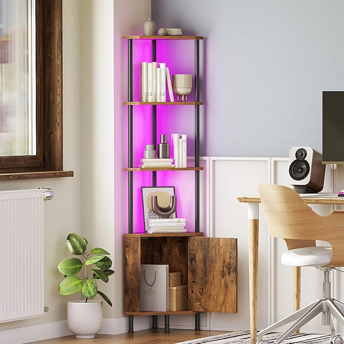 HOOBRO Corner Cabinet with LED Light, Corner Shelf Stand with Storage and Doors