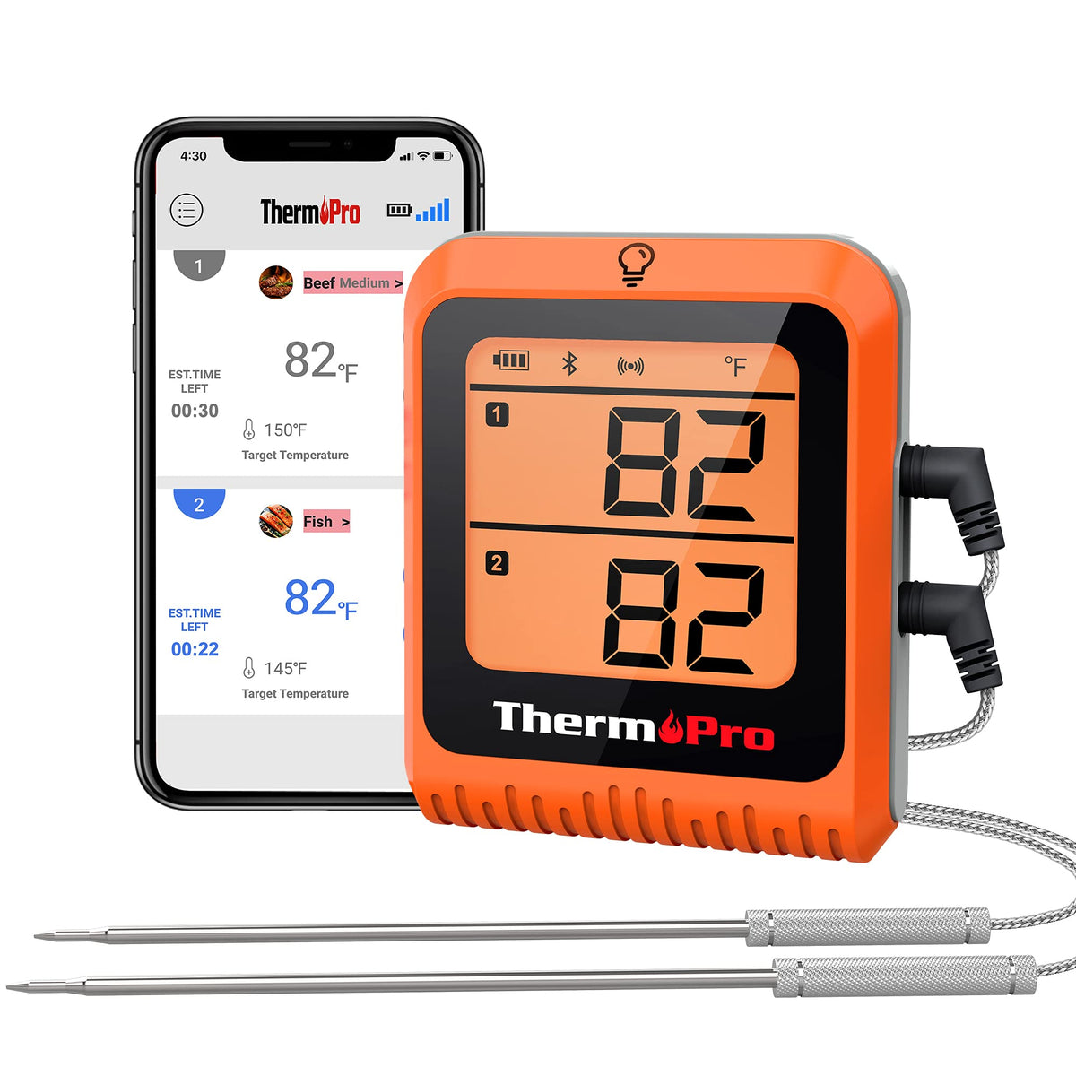 ThermoPro 650 ft Wireless Meat Thermometer Digital for Grilling and Smoking, 2 Probes Bluetooth Meat Thermometer for Cooking Turkey Fish Beef, Rechargeable Smoker Accessories for BBQ Oven