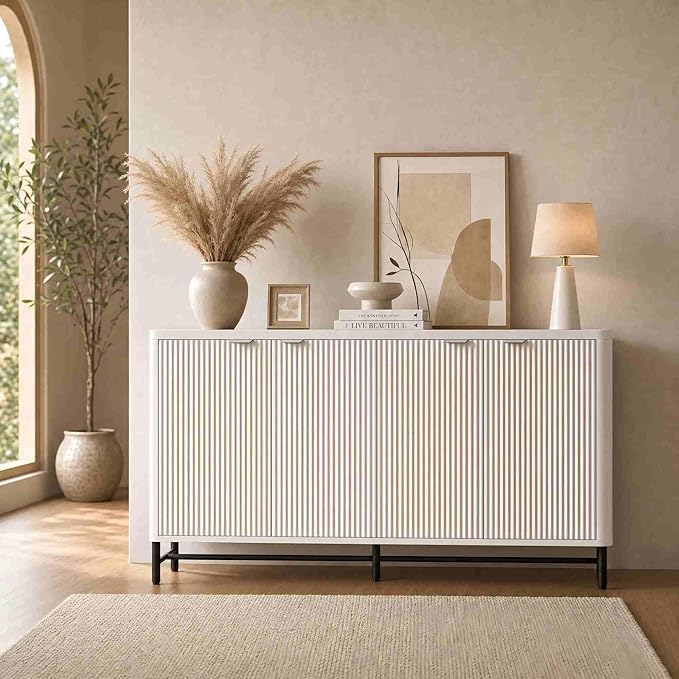 Fatmok 65" Buffet Cabinet with Storage, Fluted Credenza Sideboard with 4 Doors