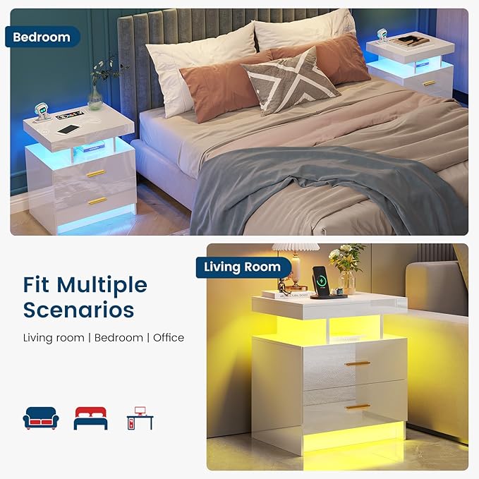 HNEBC Nightstand Set of 2 with Charging Station, Auto LED Night Stand with