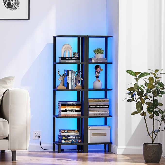 TUTOTAK Corner Shelf with LED Light, 5-Tier Corner Bookshelf