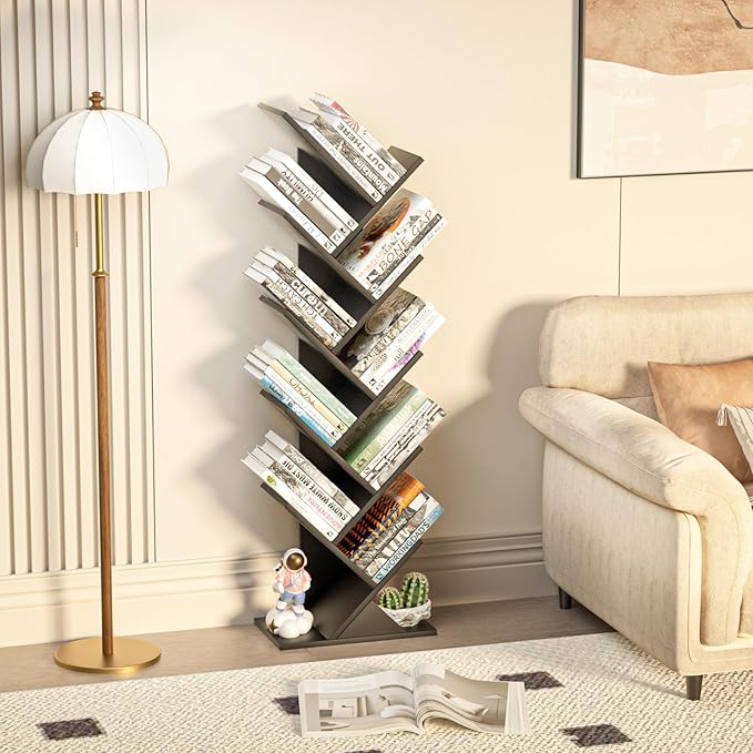 SHEEPAM 10 Tier Tree Book Shelf, Floor Standing Wood Bookshelf