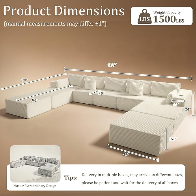 168" Cloud Sectional Couch, Comfort U Shaped Sofa