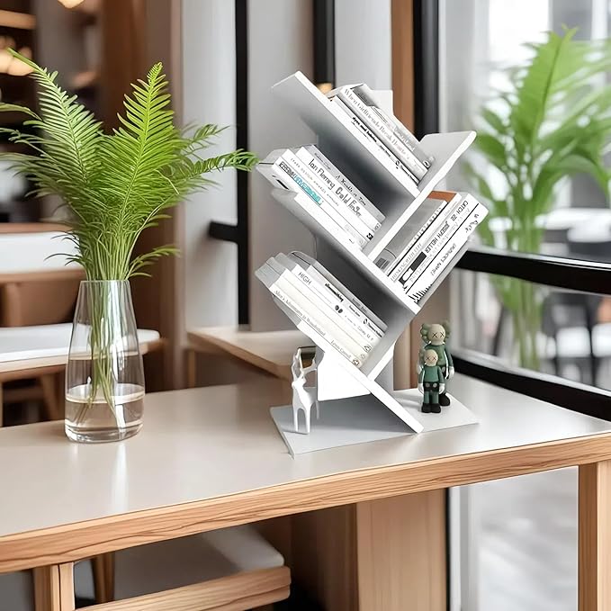 Godferyxin Small Bookcase for Desk Decor, 5-Tier White Wood Small Bookshelf –