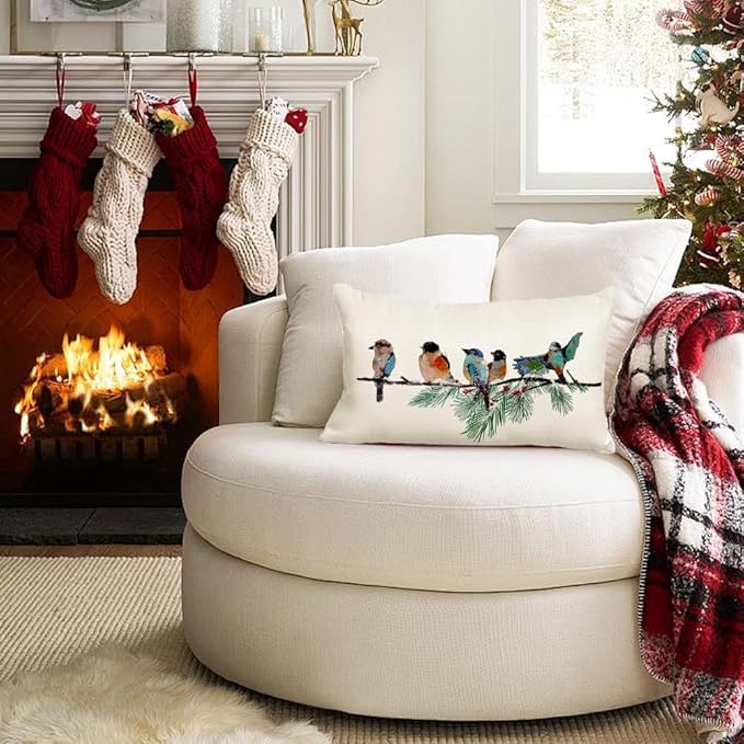 RABUSOFA Christmas Outdoor Pillow Covers Waterproof 12x20 Inch Birds Christmas