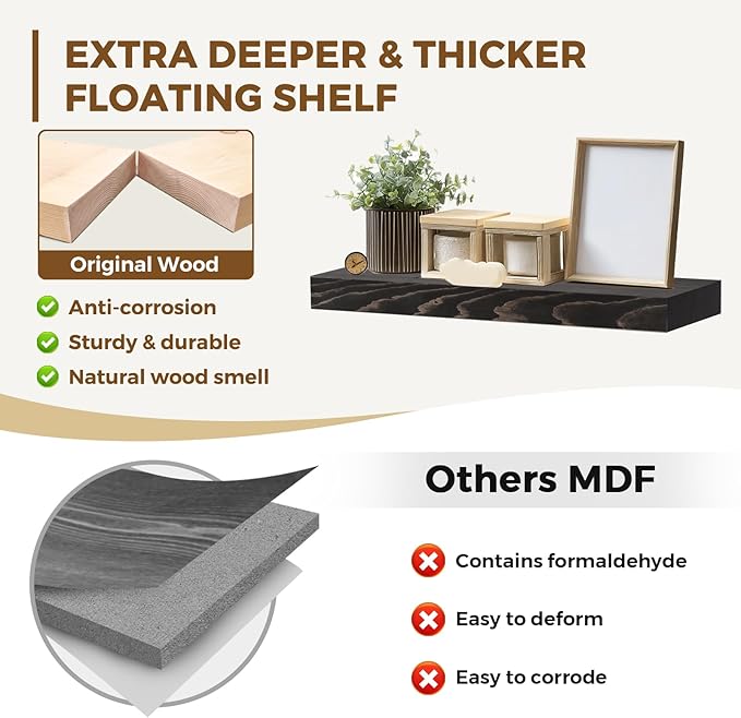 17x8x1.6 inch Floating Shelves Set of 2 – Solid Wood Rustic Black Wall Mounted