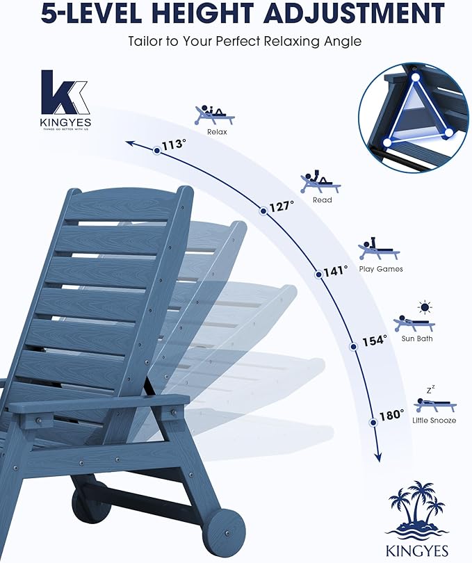 KINGYES HDPE Lounge Chair Outdoor Set of 2, Patio Chaise Lounge Recliner
