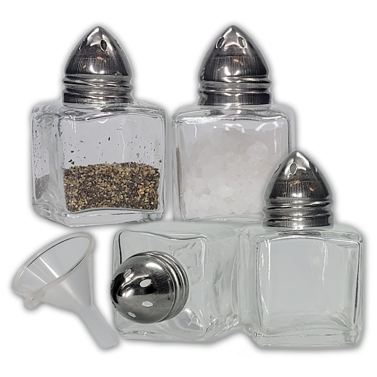 Pack of 4 Clear Glass Mini Cube Salt & Pepper Shakers with Stainless Tops and BONUS Easy Fill Funnel by NetSellsIt