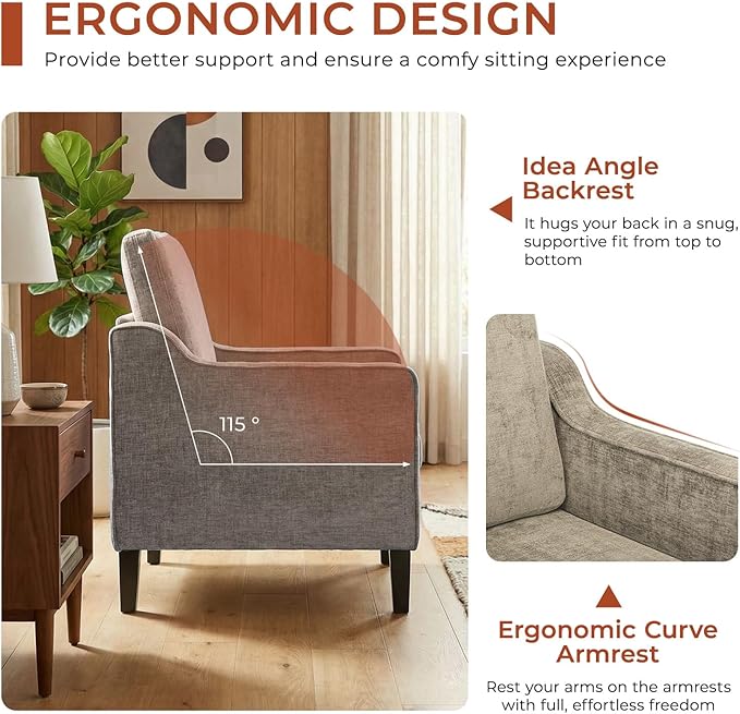 TLSUNNY Mid-Century Accent Chair, Modern Upholstered Chenille Armchair & Padded