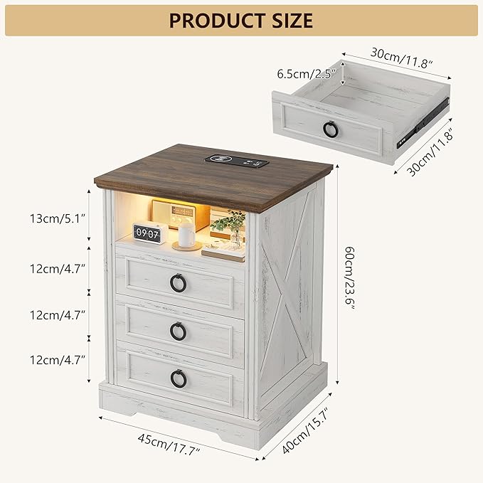 Nightstand with Charging Station, Farmhouse End Side Table with 3 Drawers and