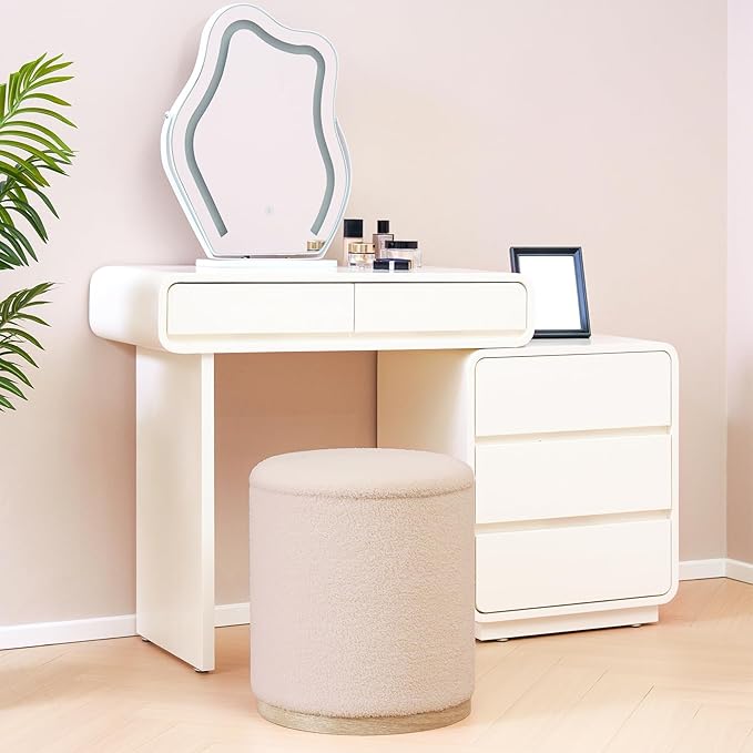 PINPLUS Round Ottoman with Storage Set of 2, Vanity Stool with Storage
