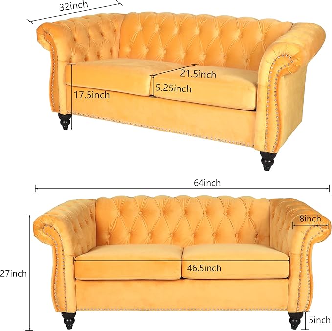 ORRD 3 Piece Living Room Set, Velvet Chesterfield Sofa Loveseat Couch Chair