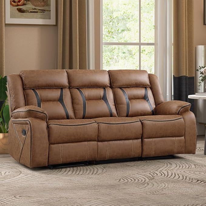 EBELLO Faux Leather Manual Reclining Sofa, 3 Seat Recliner Sofa Chair, Couch