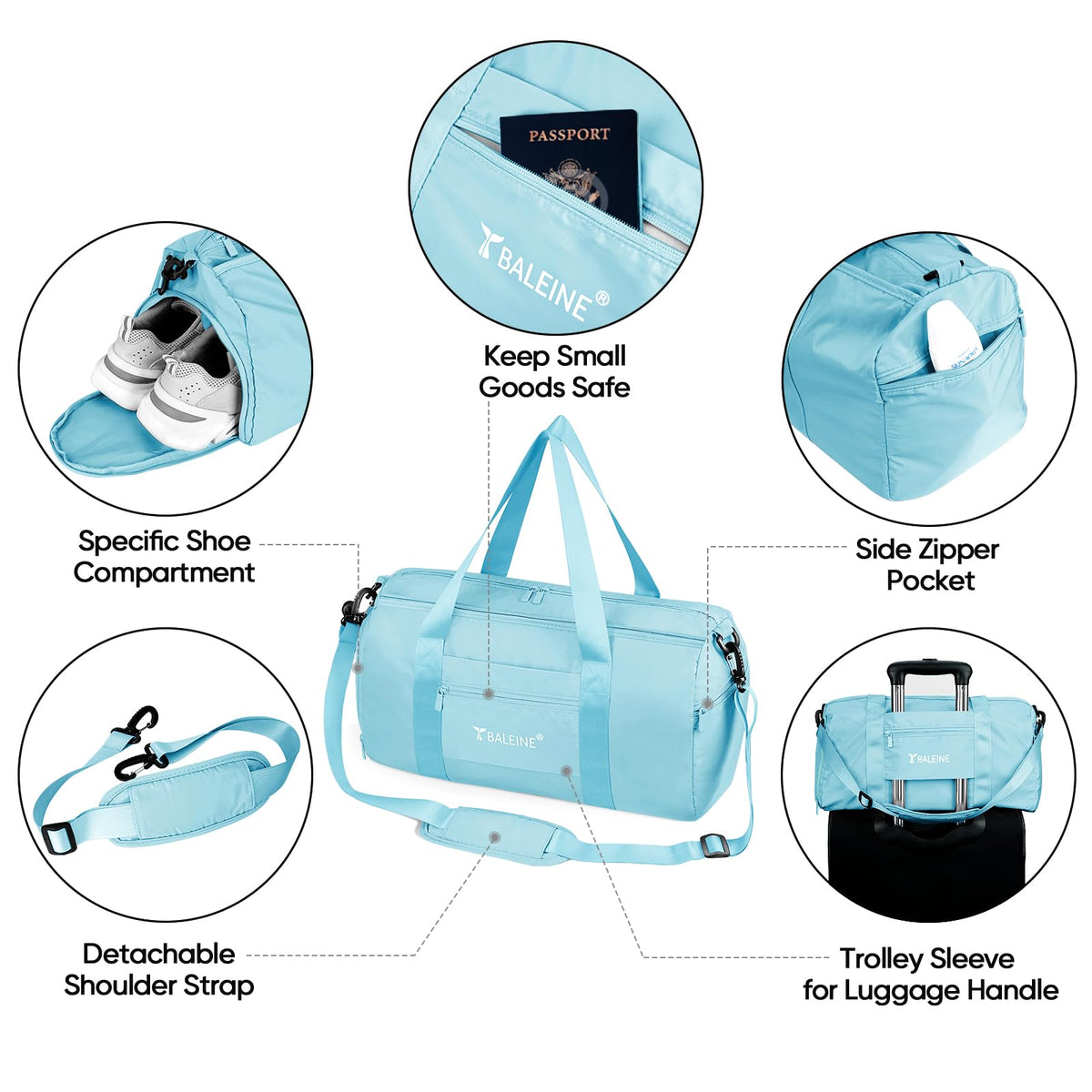 BALEINE Gym Duffel Bag for Women and Men, Small for Sports, Gyms and Weekend Getaway, Waterproof Dufflebag with Shoe and Wet Clothes Compartments, Lightweight Carryon Gymbag (Azure)