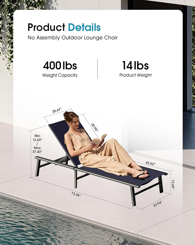 Ciokea Foldable Outdoor Lounge Chair, No Assembly Patio Chaise Lounge Outdoor