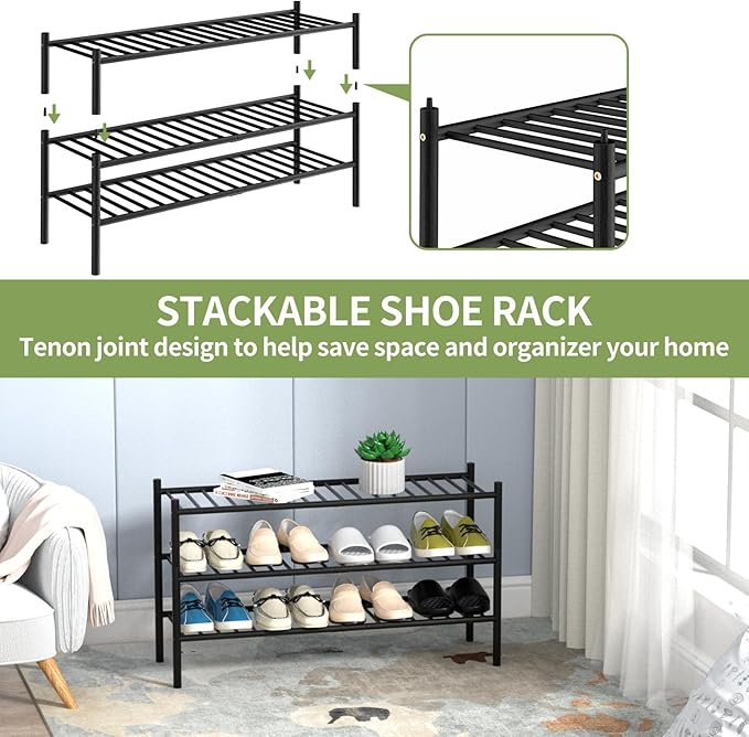 ROMGUAR CRAFT 3-Tier Bamboo Long Shoe Rack, Free Standing Wood Shoe Shelf