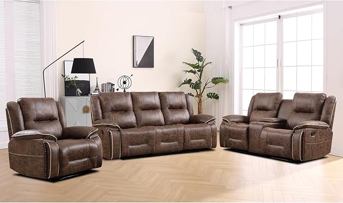 EBELLO Faux Leather Manual Recliner Sofa Set, 1 Seat Reclining Chair, a Loveseat