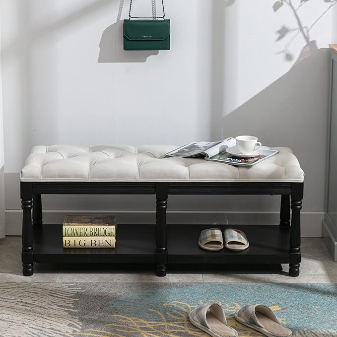 Farmhouse Storage Bench Wooden Entryway Linen Upholstered Ottoman Button Tufted