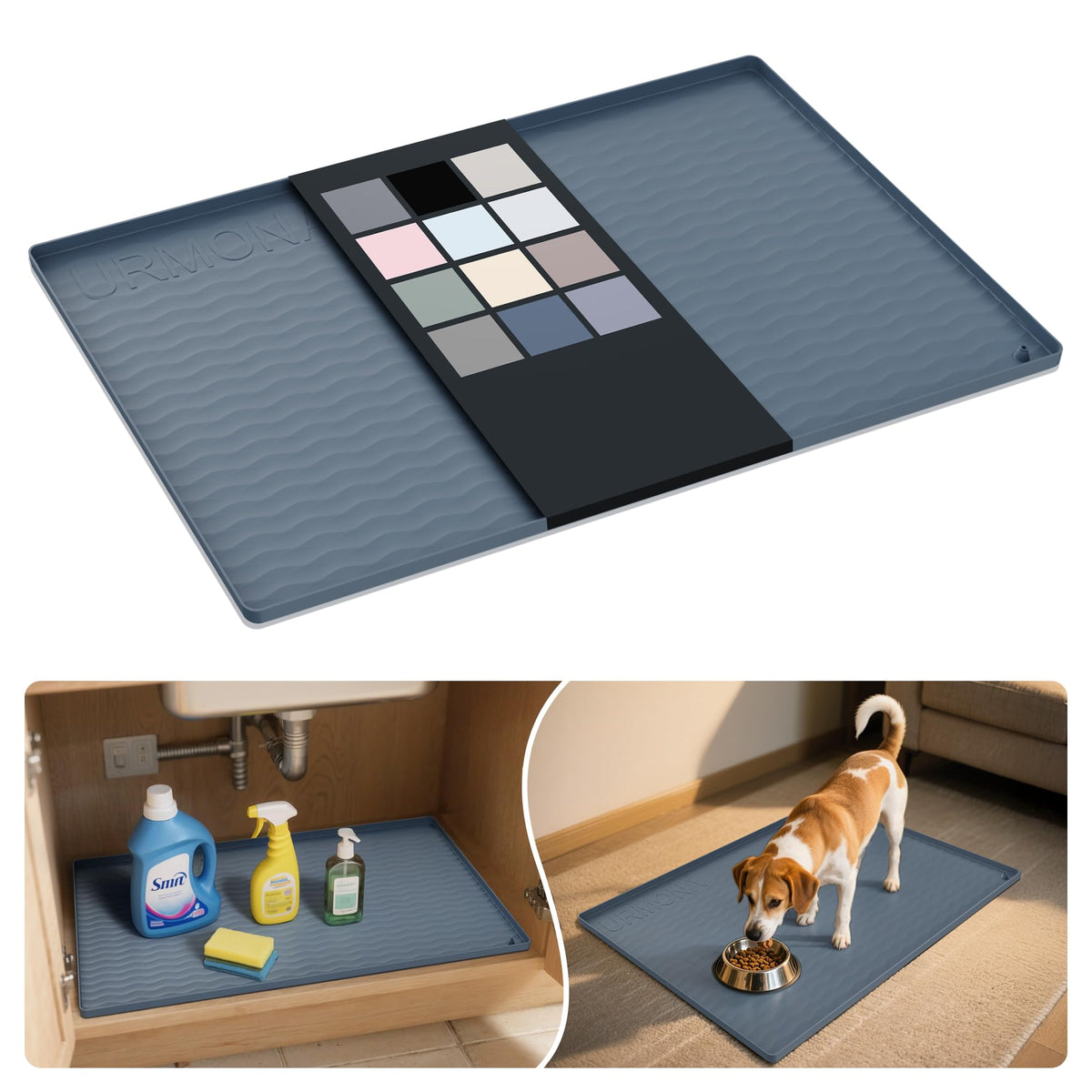URMONA Waterproof Silicone Under Sink Mat 31'' x 22'' Shelf Liner for Kitchen and Bathroom, Cabinet and Counter Protector, Storage and Organizers, Litter Mat, Pet Cat Puppy Essentials(Dark Grey)