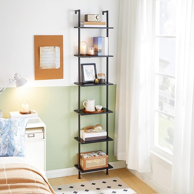 HOOBRO DIY Ladder Shelf, 6-Tier Wooden Wall Mounted Bookshelf, Narrow Bookcase