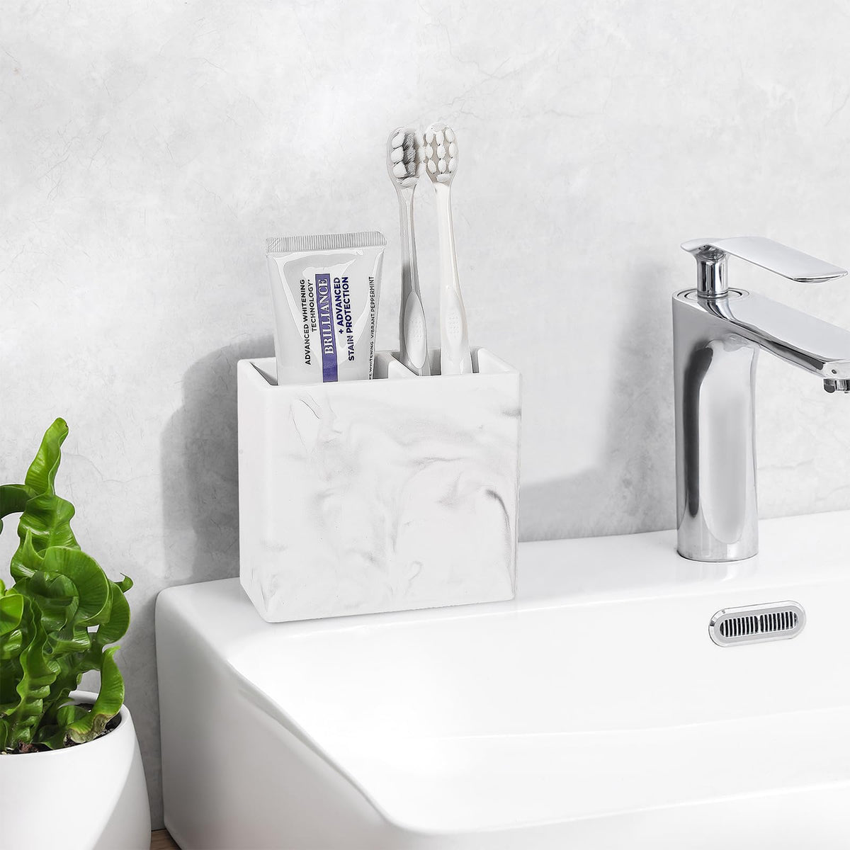 Diatomite Toothbrush Holders for Bathrooms, Electric Toothbrush and Toothpaste Holder Tooth Brush Organizer for Bathroom Countertop, Shower, Vanity - Marble White