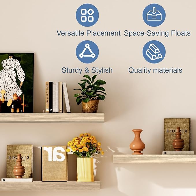 Floating Shelves, Oak Wooden Set of 3 Wall Mounted Bathroom Shelves Over Toilet