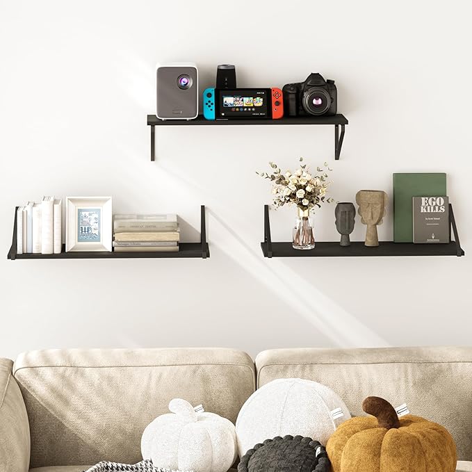 BAMEOS 24X8 Floating Shelves Rustic Wood Wall Shelf Set of 3, Bookshelf