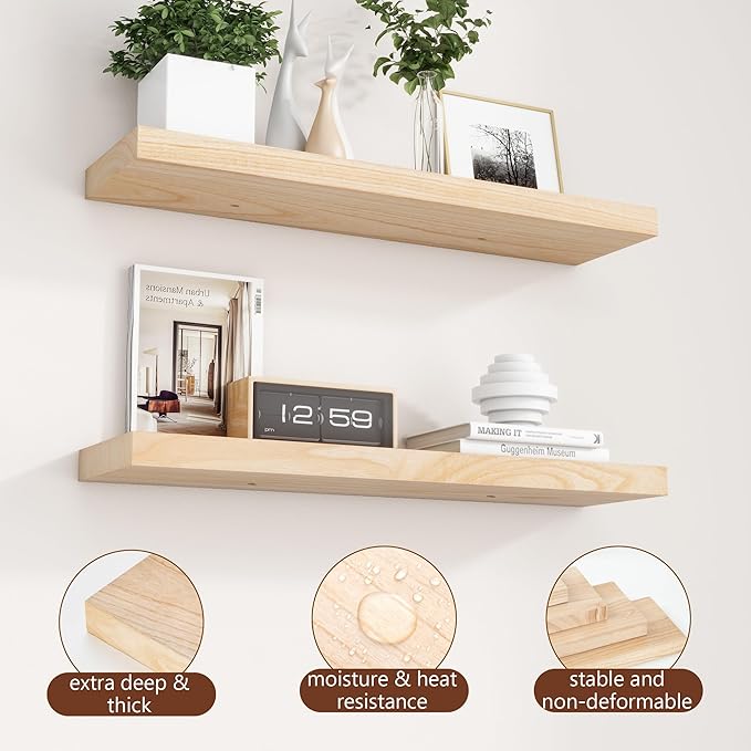 fuqing 30 Inch Floating Shelves | Natural Wood Wall Shelves Set of 2 | 30" W x