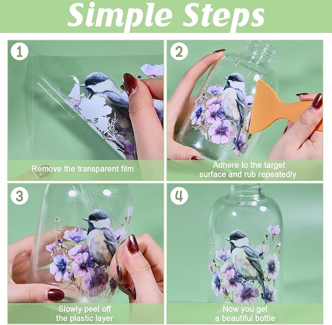 GLOBLELAND 18 Sheets Flowers and Bird Transfer Stickers 3.9x3.6inch Hummingbird