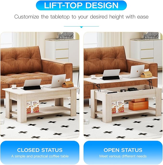 FDW Lift Top Coffee Table with Lift Tabletop Hidden Compartment and Storage
