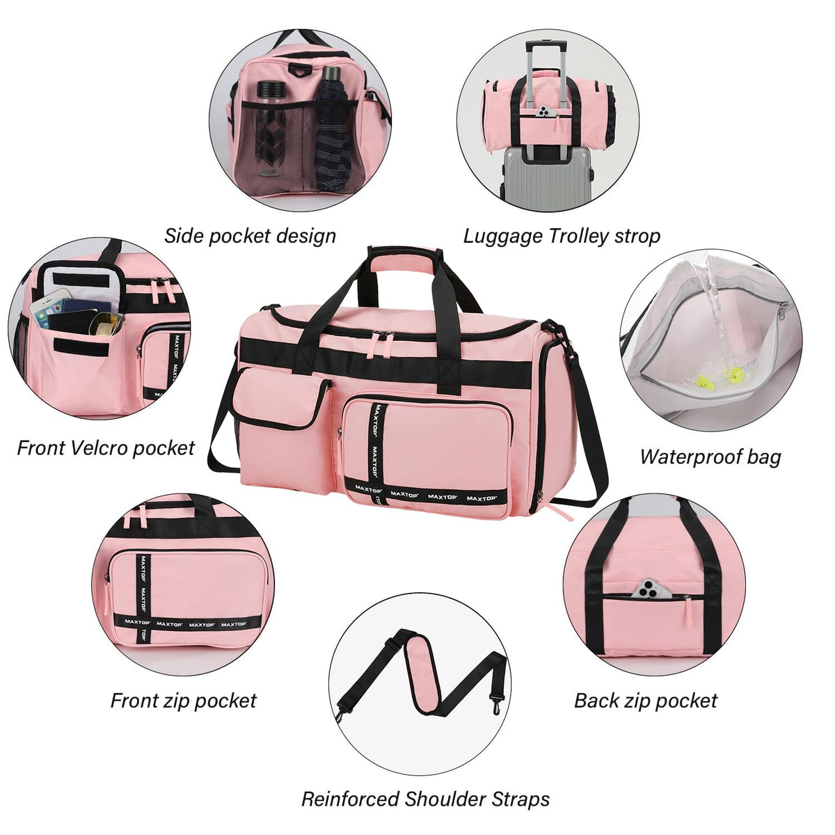 MAXTOP Gym Bag for Women Travel Duffle Carry On Tote Weekender Bag Large Capacity Pink Overnight Bag With Shoe Compartment Gym Tote with Dry and Wet Separation