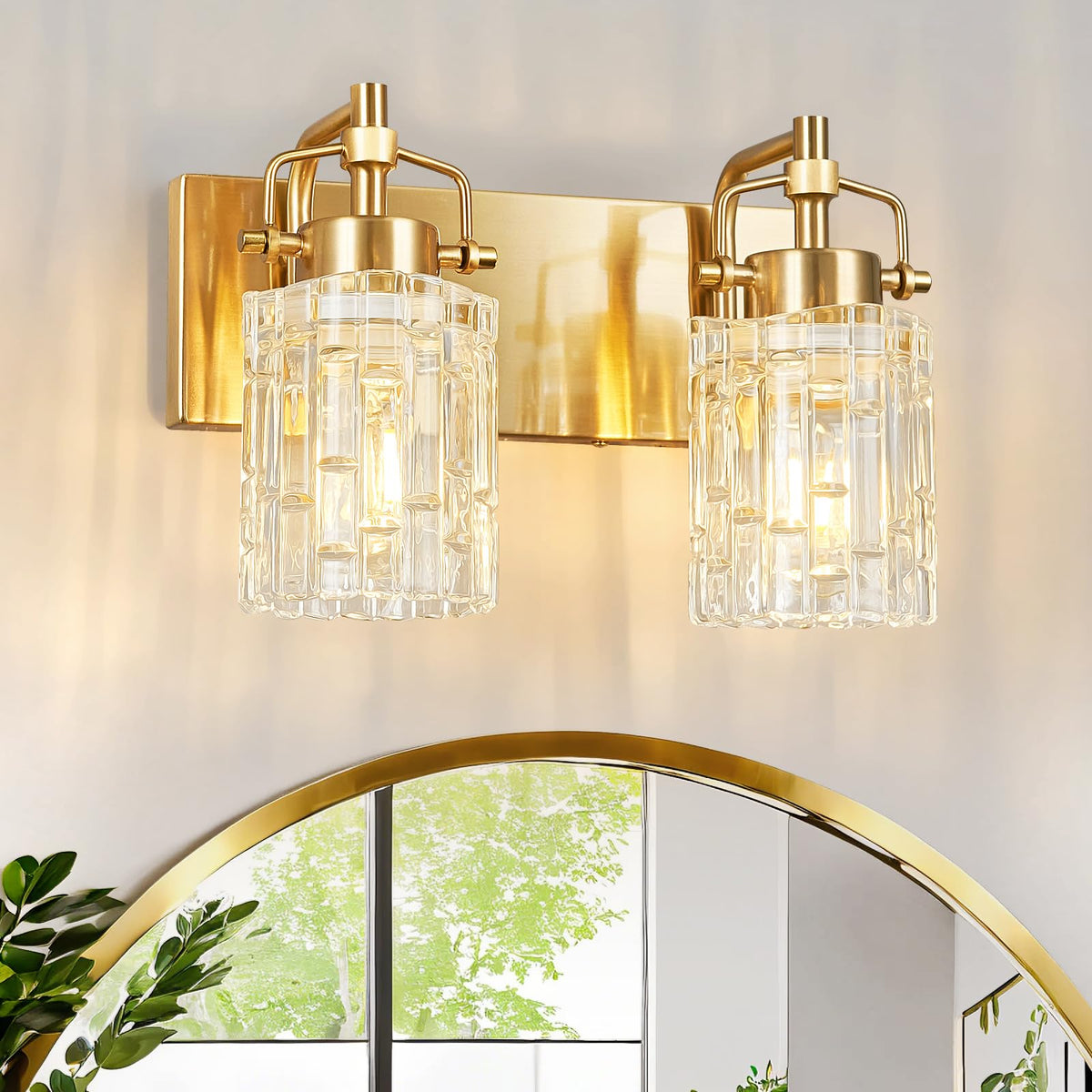 BNHHLZ 2 Light Crystal Glass Vanity Light, Gold Bathroom Lighting Fixtures Over Mirror Modern Bath Wall Sconce Lighting for Bedroom Living Room