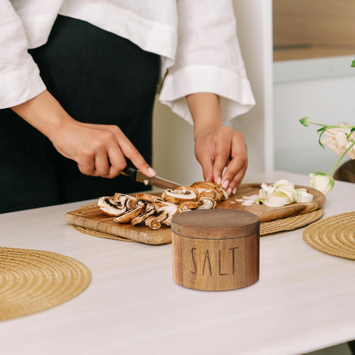 Acacia Wood Spice Box with Swivel Lid and Built-in Spoon for Kitchen Countertop, Farmhouse Kitchen Decoror for Storing Salt, Peppers, Sugar or Seasonings (Labeled “SALT”)