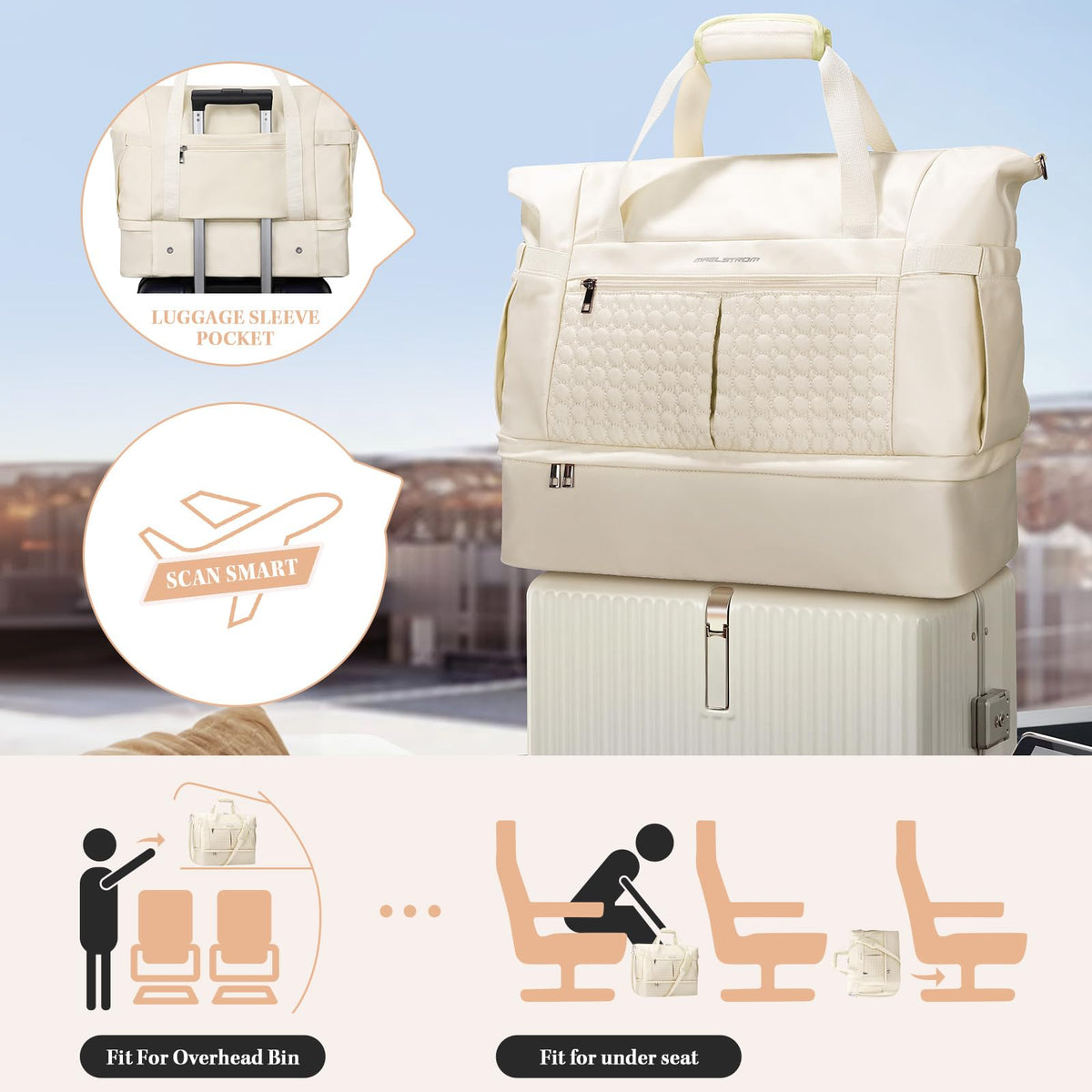 Maelstrom Gym Bag for Women,40L Travel Duffel Bag with Shoes Compartment and Wet Pocket,Waterproof Carry On Weekender Bag,Sport Gym Tote Bags Swimming Yoga, Hospital Holdalls-Beige
