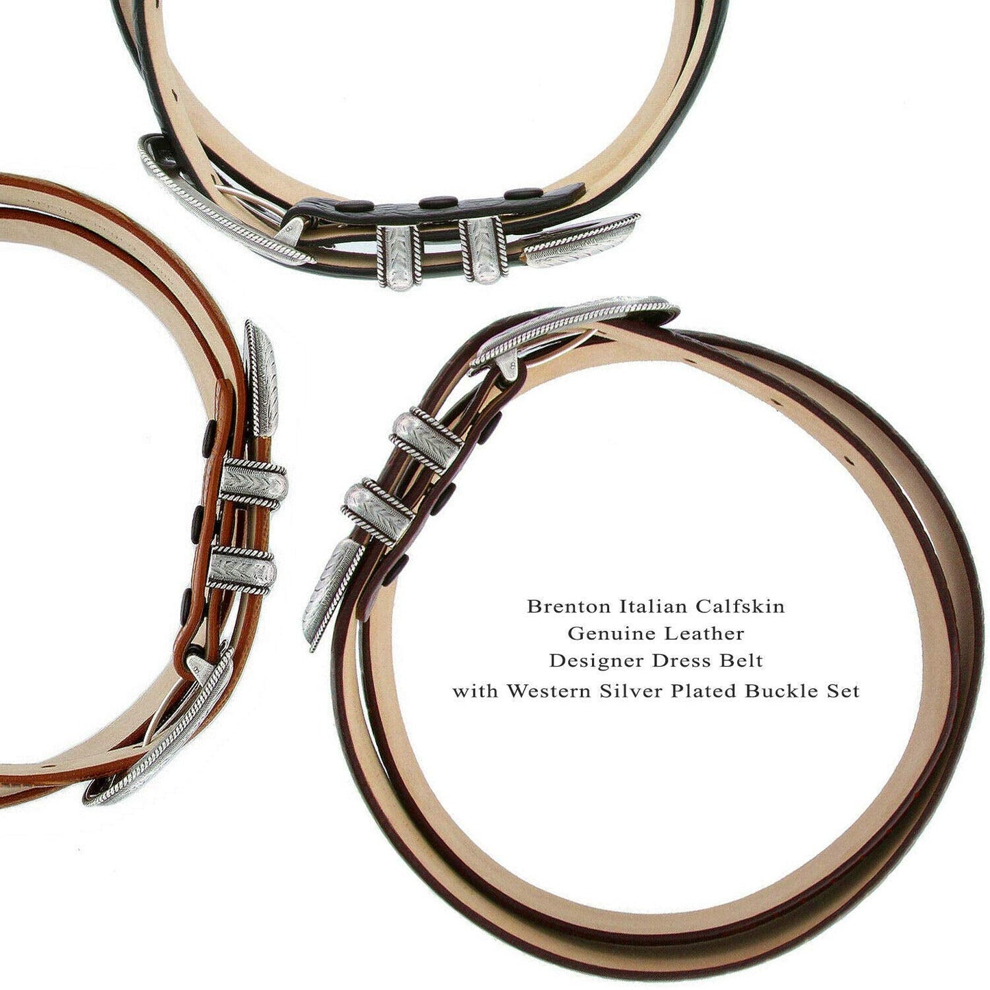 Brenton_Genuine Full-Grain Cowhide Leather Dress Belt with Western Silver Plated Buckle Set (Smooth Black, 38)