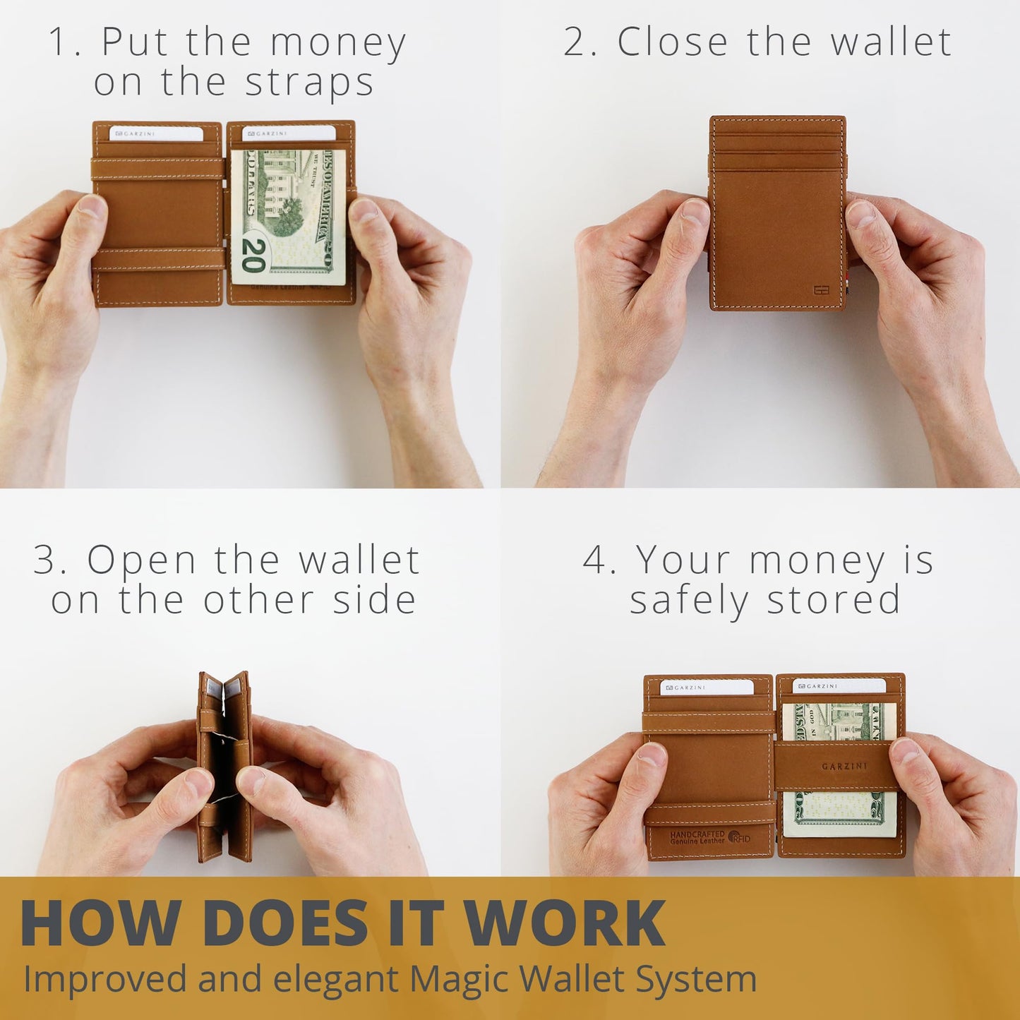 Hunterson Magic Wallet, Minimalist Wallet for Men with RFID card holder, Leather Wallet for 8 cards, Brown