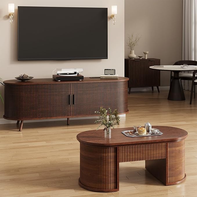 55 inch TV Stand with Power Outlet, Fluted Entertainment Center