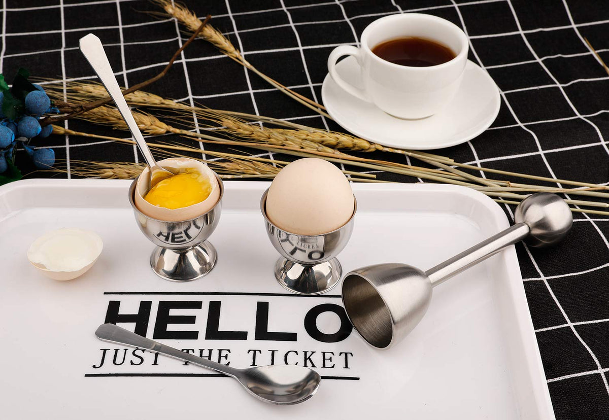 Egg Cracker Topper Cutter Set for Soft Boiled Eggs Stainless Steel Shell Remover Separator Include 2 Egg Cups 2 Spoons 1 Topper Cutter