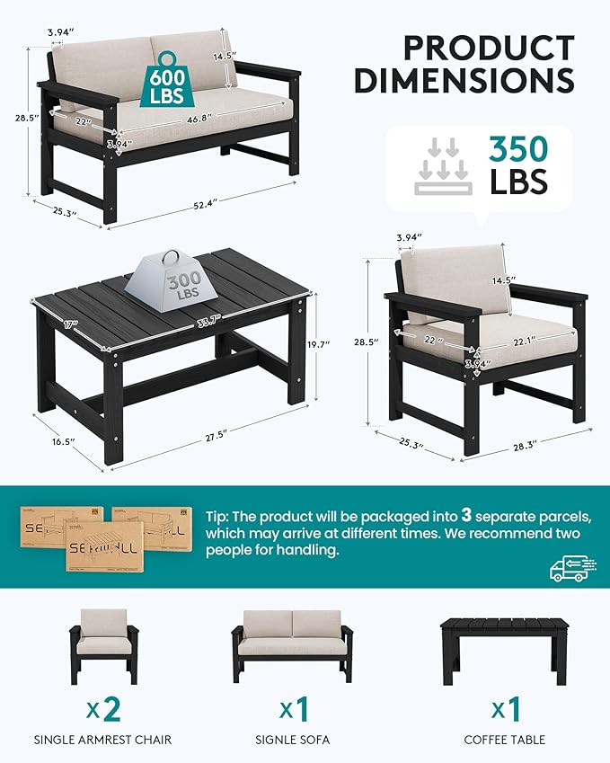 SERWALL 4-Piece Outdoor Patio Sofa Set, HDPE All-Weather Loveseat Sofa