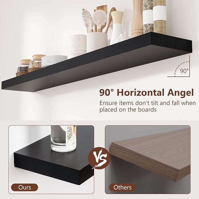 fuqing Black Floating Shelves 48 Inch, Solid Wood Wall Mounted Shelves Set of 2