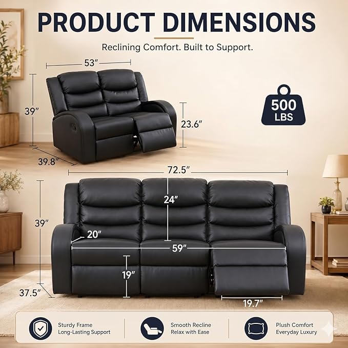 Recliner Sofa Set, 2 Piece Living Room Furniture Set, Leather Recliner Sofa
