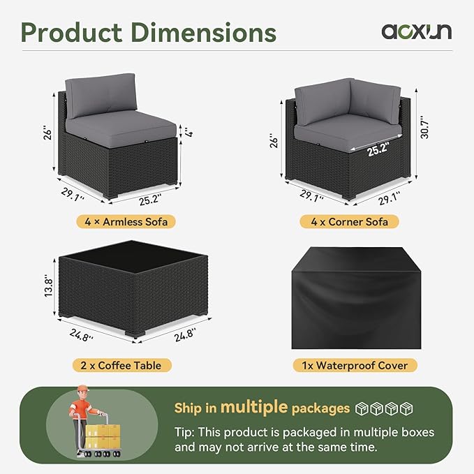 Aoxun 10 Piece Patio Furniture Set Wicker Rattan Patio Sectional Sofa Set
