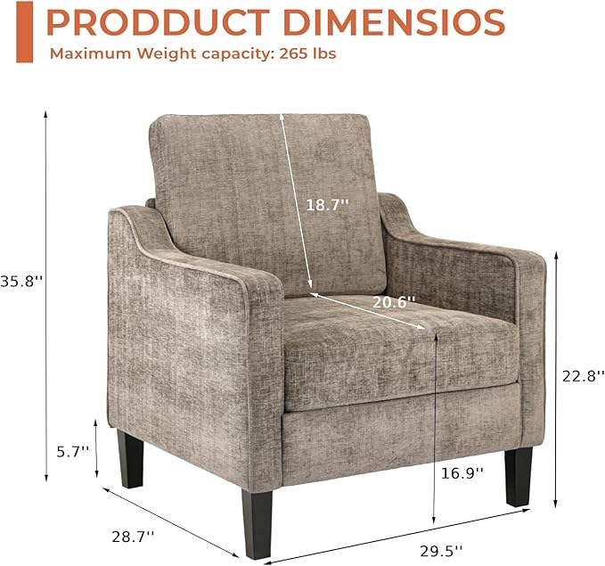 TLSUNNY Mid-Century Accent Chair, Modern Upholstered Chenille Armchair & Padded
