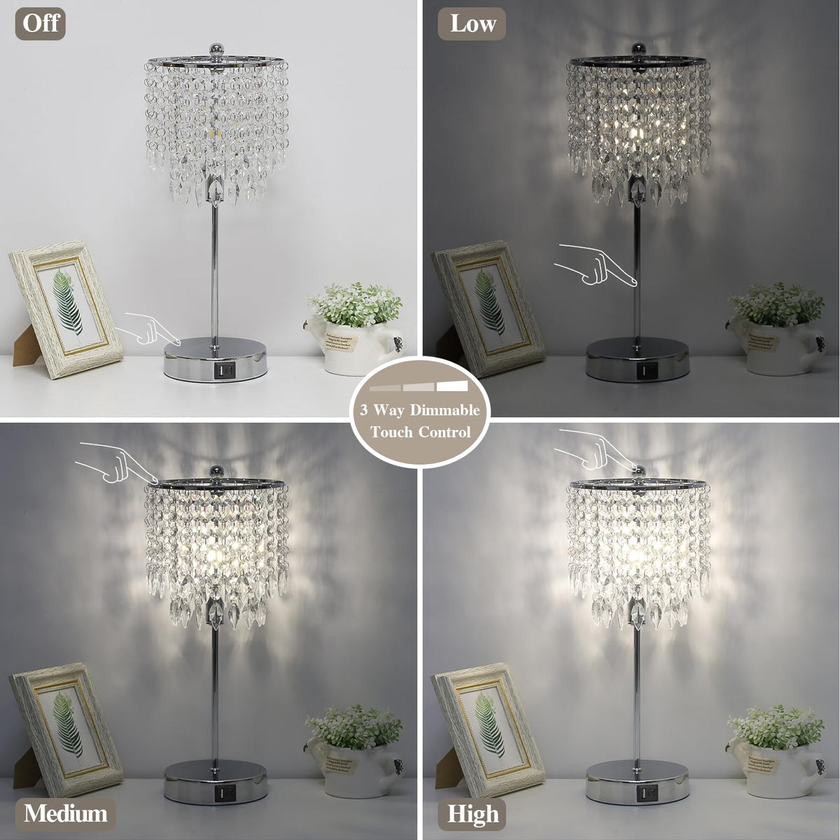 Boncoo Crystal Table Lamp Set of 2 Touch Control, Crystal Lamps with USB Ports Elegant Shade Bedside Lamp Silver, Dimmable Touch Table Lamp for Nightstand Bedroom Living Room, 4W LED Bulb Included