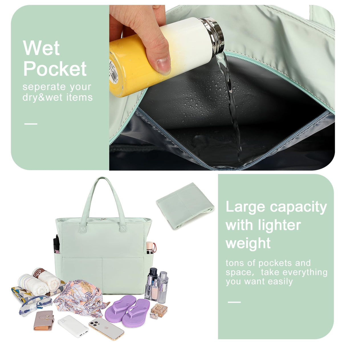 Waterproof Beach Tote Pool Bags for Women Ladies Extra Large Gym Tote Carry On Bag With Wet Compartment for Weekender Travel (Light green)