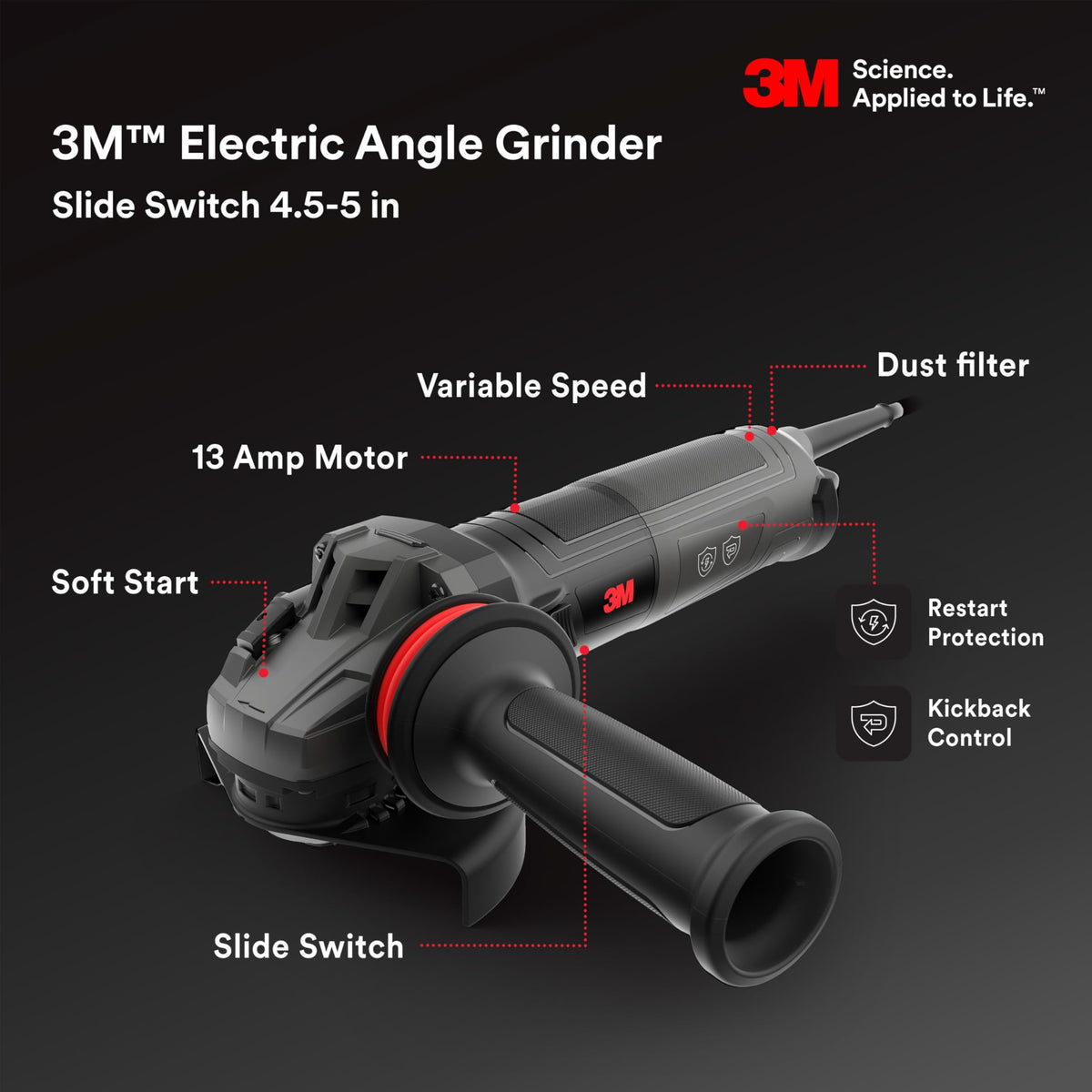 3M Electric Angle Grinder, 11129, VS, 4.5-5 in Paddle Switch, 13-Amp, 120V, for Cutting, Grinding, Polishing and Rust Removal,1 EA