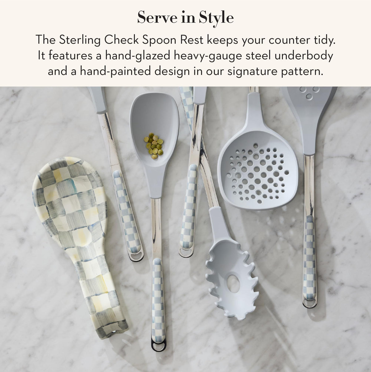 MACKENZIE-CHILDS Enamel Spoon Rest, Kitchen Spoon Holder and Utensil Rest for Stovetop, Grey-and-White Sterling Check
