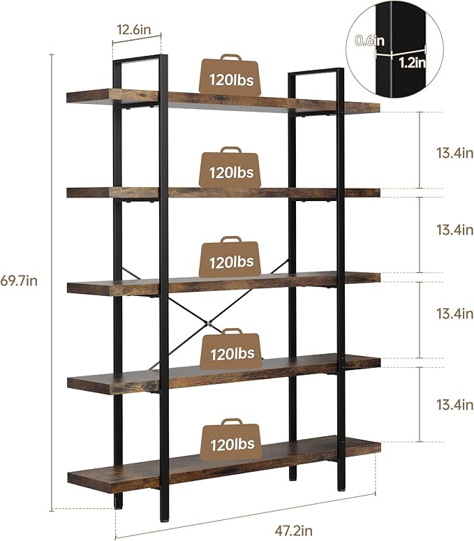 OtterOasis Heavy Duty 5-Tier Industrial Bookcase, 120lbs Shelf Capacity