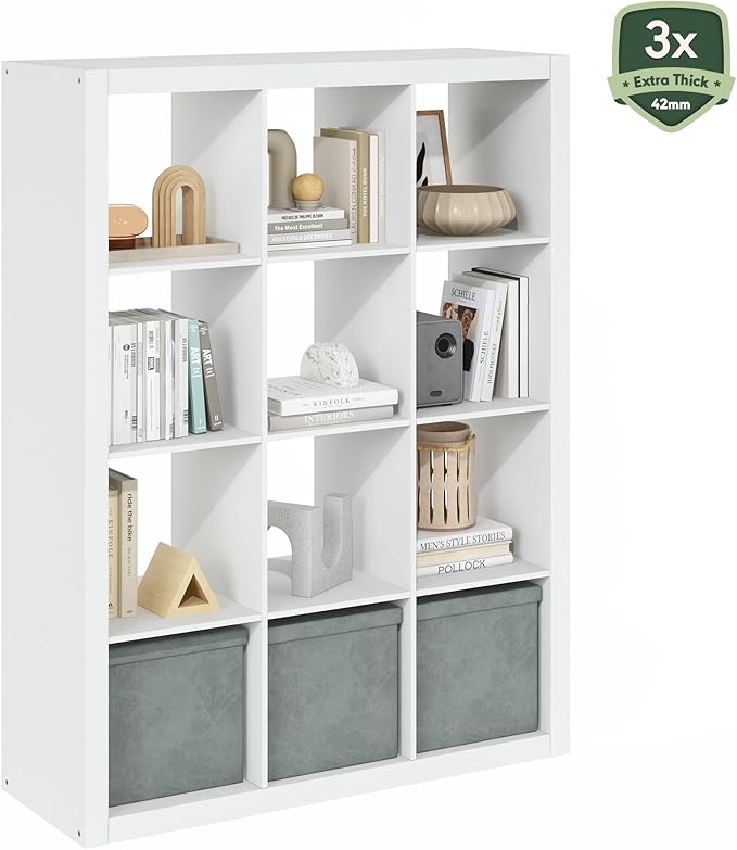 Furinno Cubicle Book Shelf, 12-Cube Bookshelf, Triple Thick Frame Cube Storage