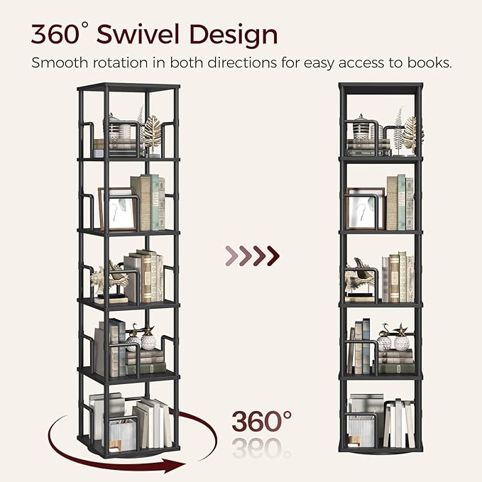 MAHANCRIS 5-Tier Rotating Bookshelf, Freestanding Corner Bookshelf, 360°